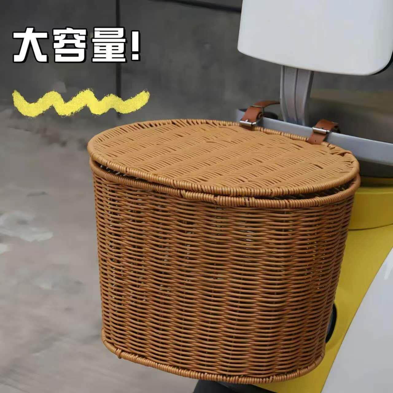 电车自行车后置车筐大容量车篮带盖单车篮通用型加粗手工编织篮子