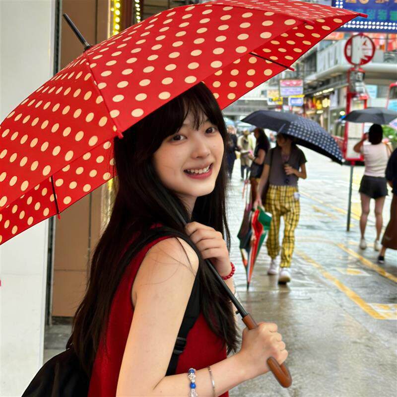 红色波点雨伞复古港风高颜值氛围感长柄伞加粗加大抗风折叠太阳伞