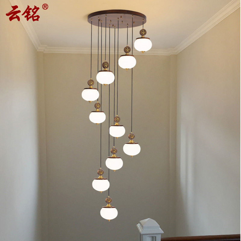 loft楼梯吊灯新中式简约别墅复式楼环形旋转长吊灯餐厅灯具8089