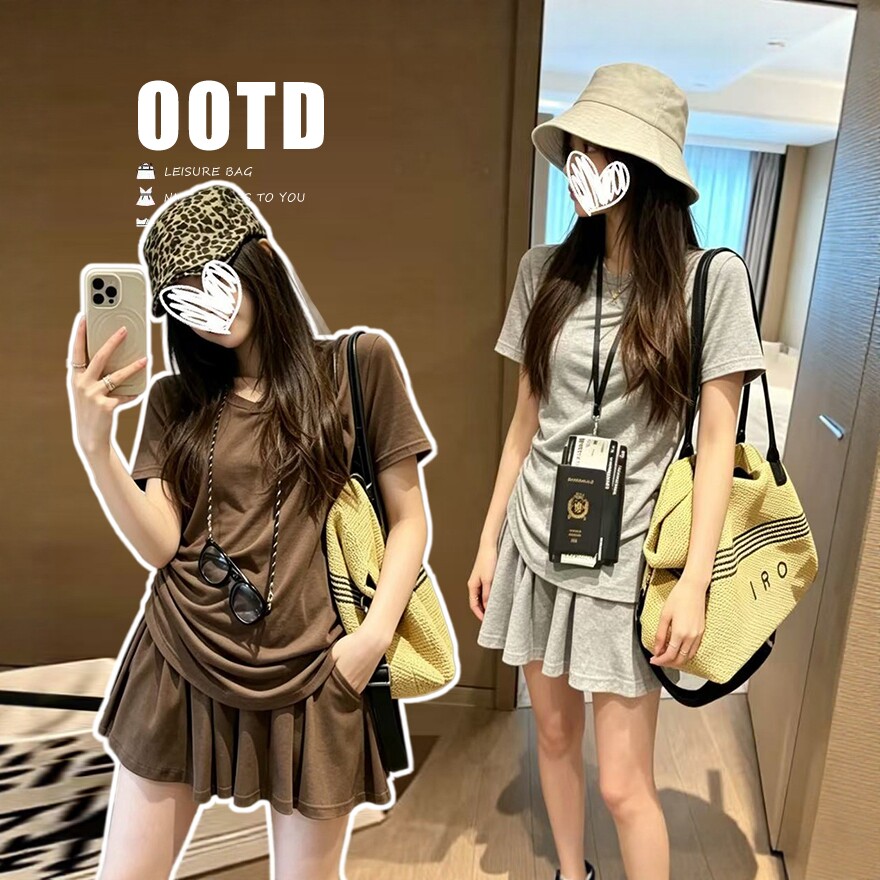 夏季新款莫代尔棉宽松设计感抽绳T恤女调节扣半身裙套装
