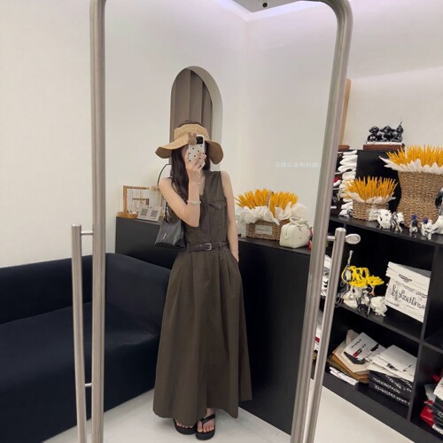 新款时尚夏季气质百搭显瘦休闲无袖背心牛仔连衣裙女+腰带两件套