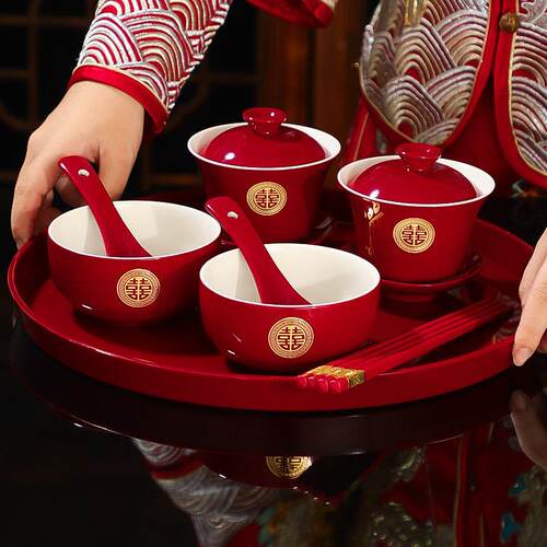 敬茶杯子结婚喜碗婚礼改口敬酒茶具一对红色碗筷套装陪嫁用品大全