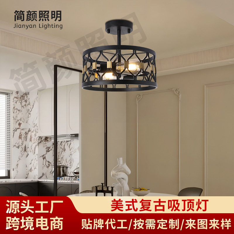 美式吸顶灯圆形金属笼子家居装饰北欧简约轻奢卧室复古黑色工业风
