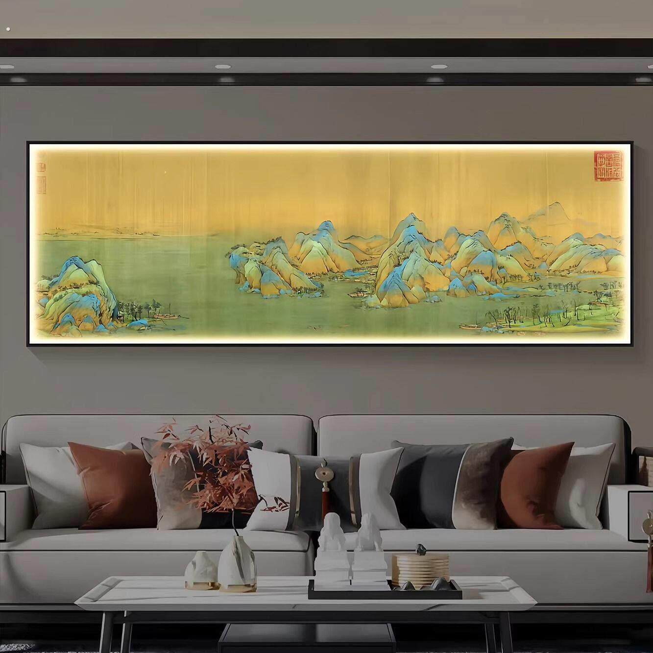 千里江山图客厅装饰画现代高档发光茶室挂画办公室沙发背景墙壁画