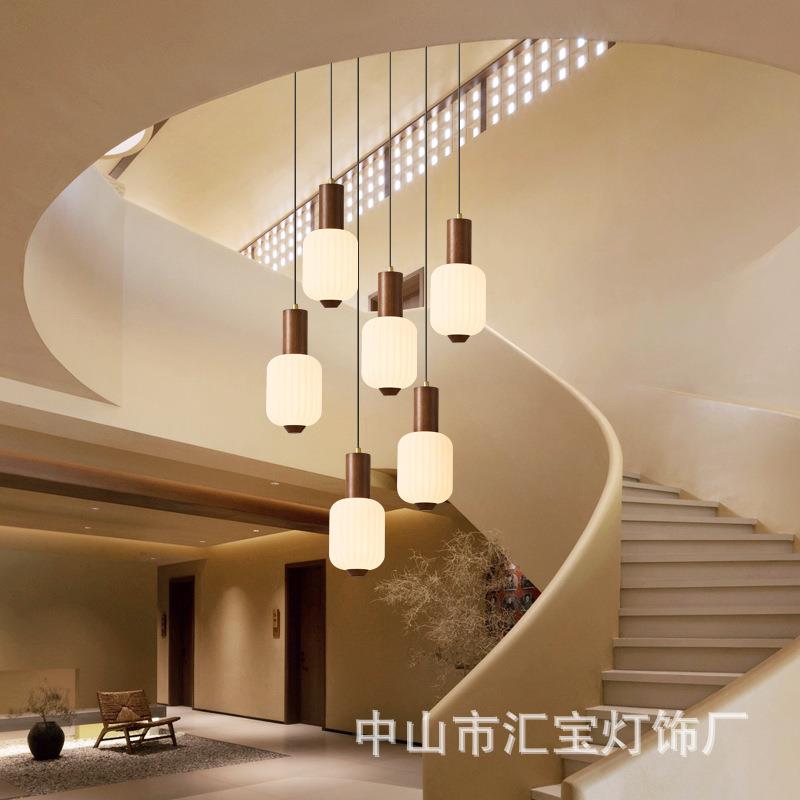 美式护眼旋转楼梯吊灯中古风复式楼loft胡桃色复古别墅客厅餐厅灯