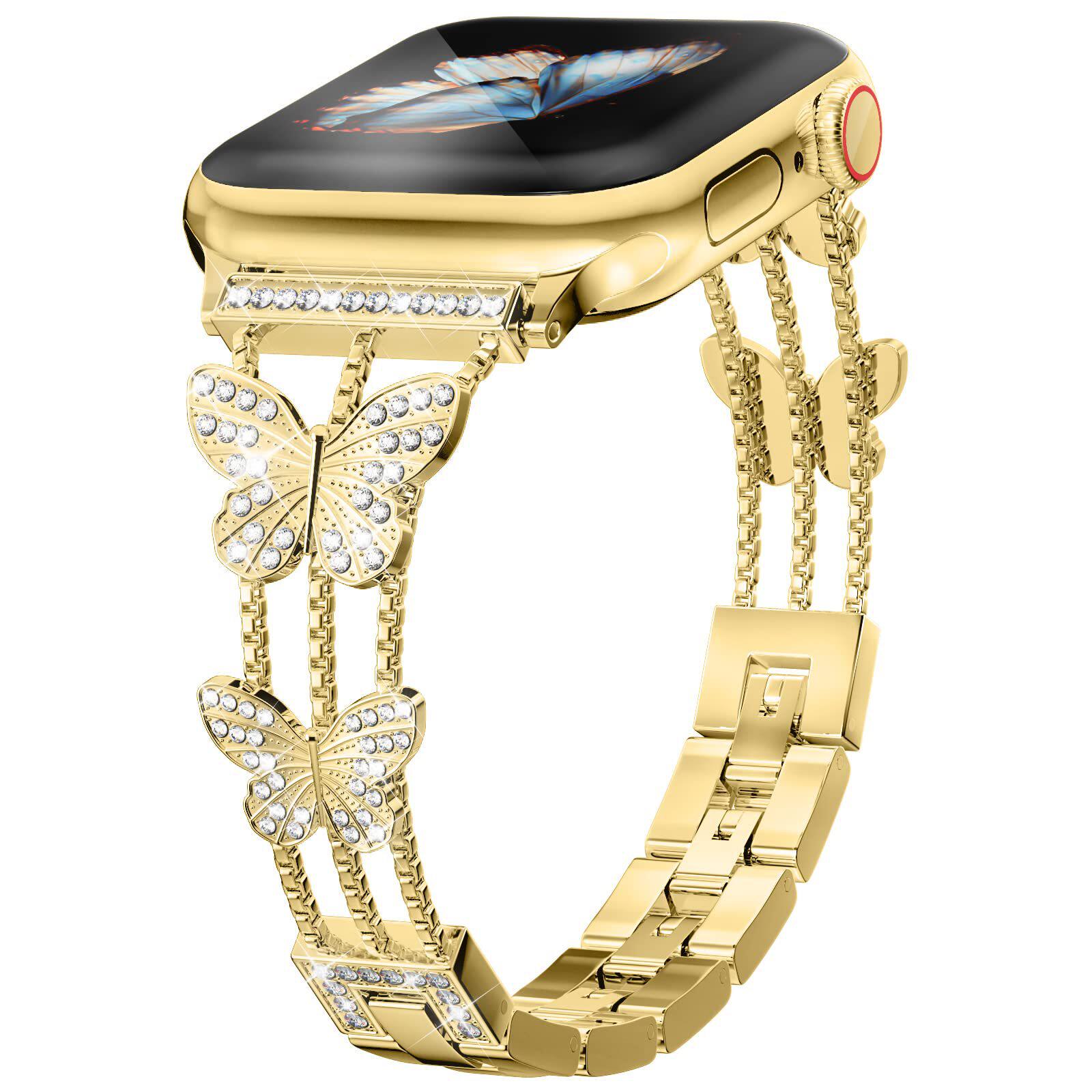 金属蝴蝶手串表带适用于applewatchs9苹果钻石表带10/9/8/7/6/5/4
