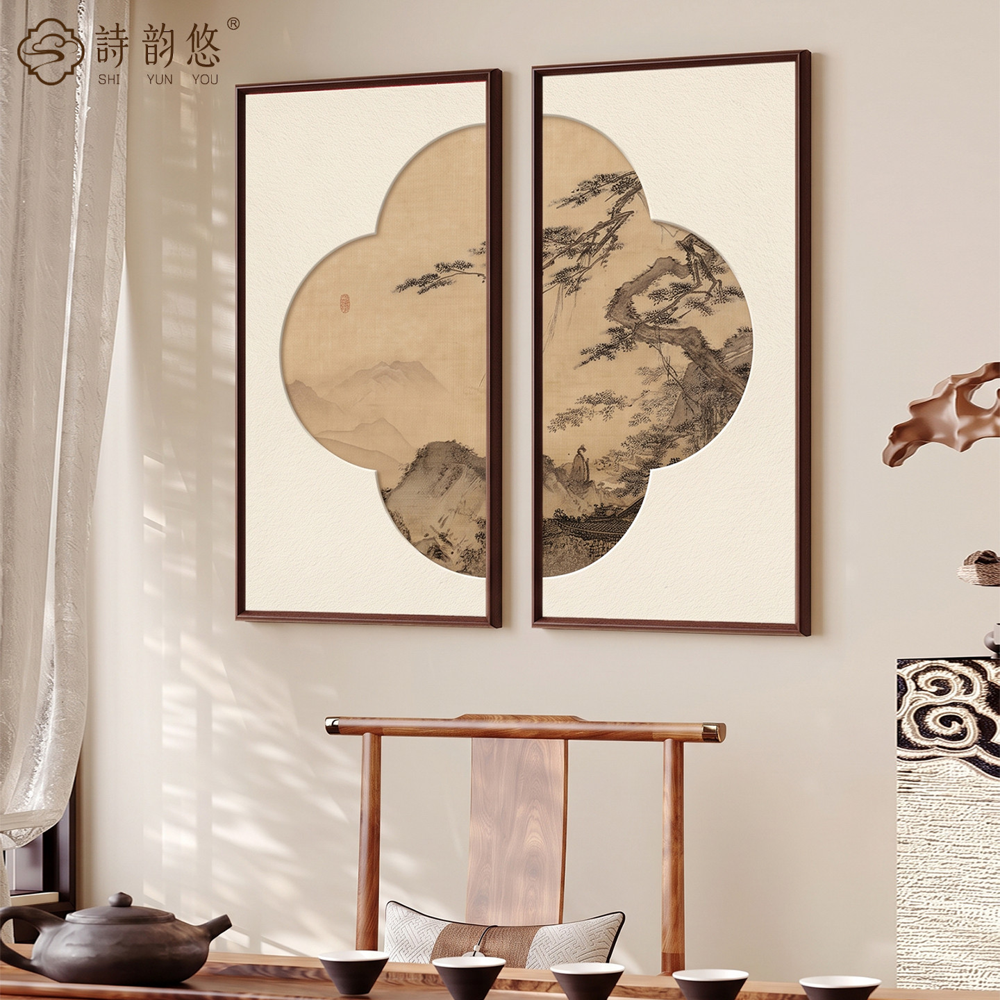 新中式迎客松茶桌茶台背景墙挂画