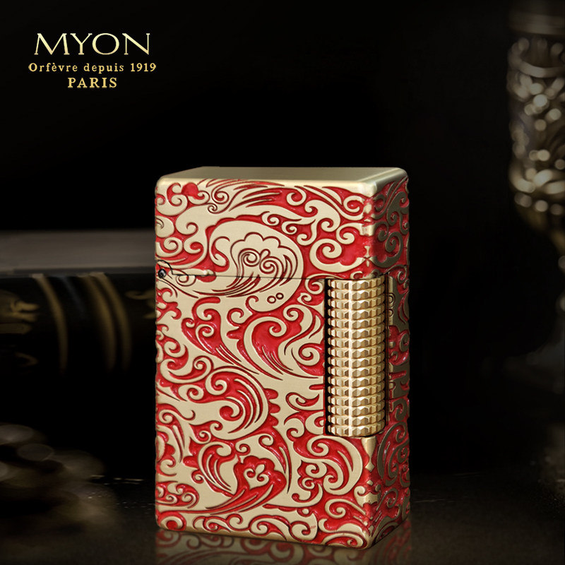 勉牌正品煤油打火机红色西汉流云立体浮雕高档复古怀旧纯黄铜火机