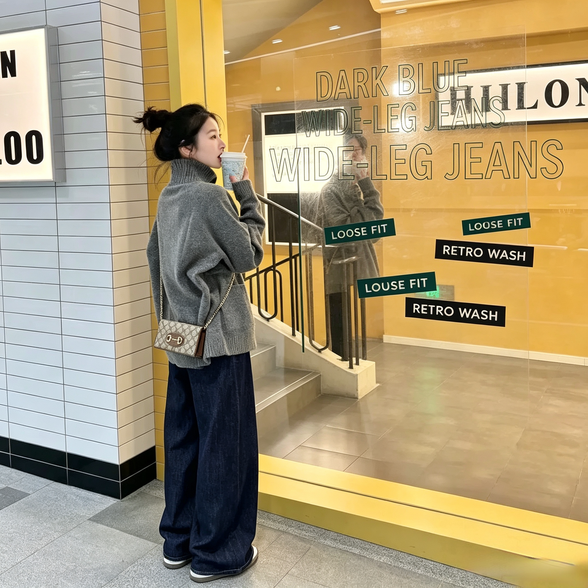 牛仔裤女深蓝原牛阔腿裤 高腰垂感拖地裤梨形身材遮胯显瘦长裤