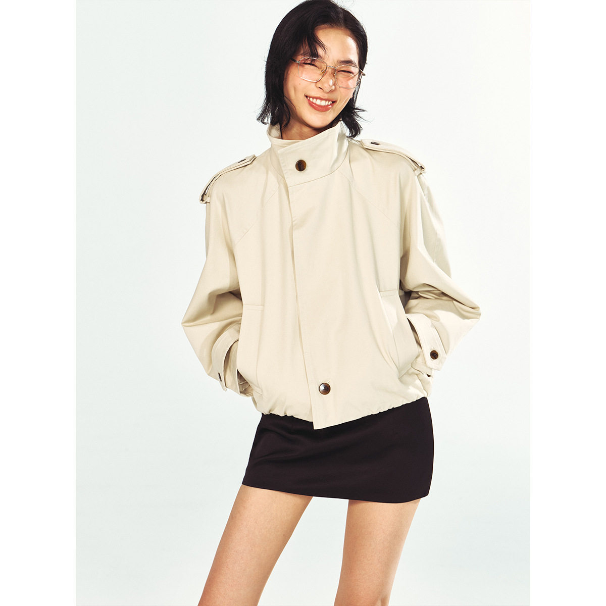 Onde  FW26 立领花苞短款单排扣长袖纯棉风衣夹克外套