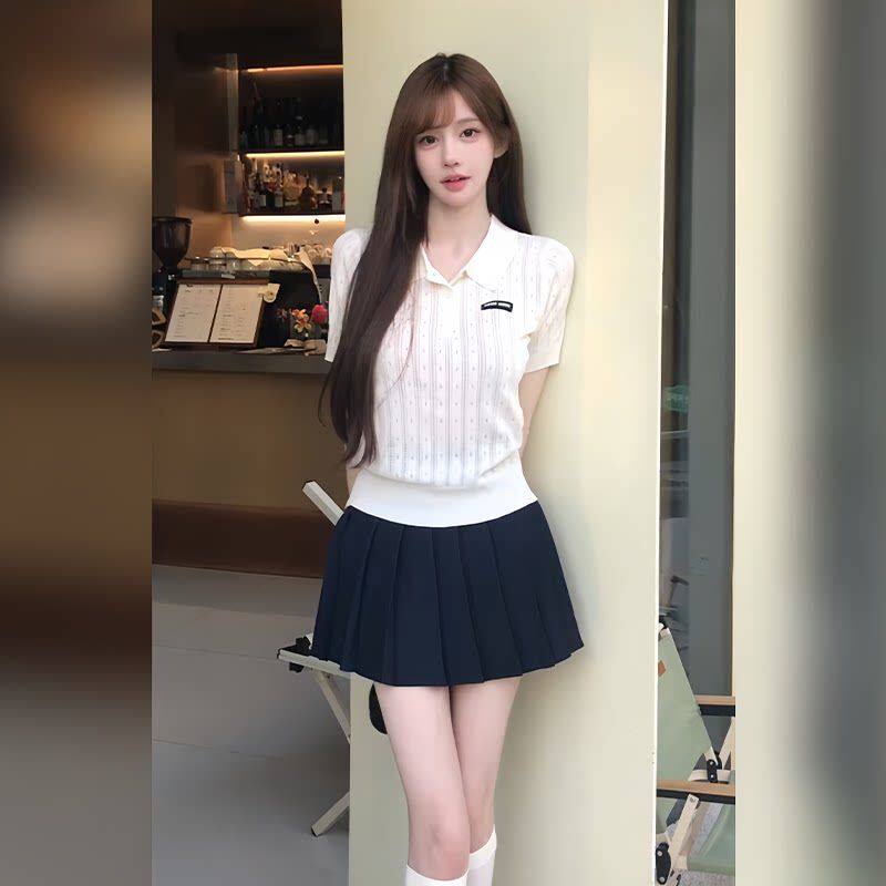 韩系白色刺绣短袖针织衫女夏季小个子高腰显瘦百褶半身裙两件套装
