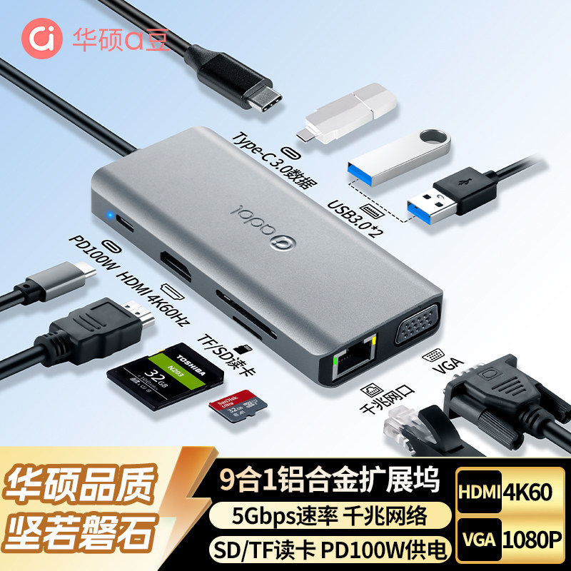 华硕typec拓展HDMI扩展坞4K60hz千兆网口USB3.2适用ipad/Macbook苹果17笔记本电脑转接头手机投屏网线转接口