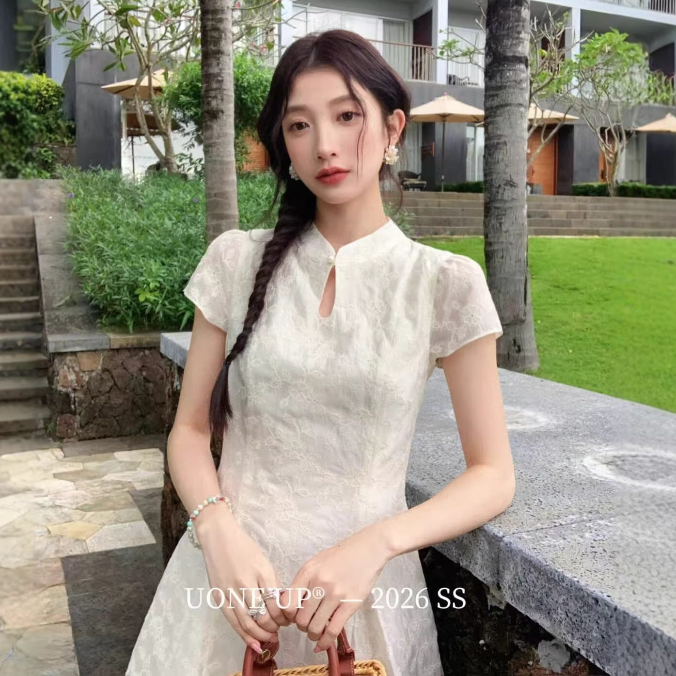 UONE2026夏季新款新中式国风旗袍改良盘扣连衣裙女设计感收腰短裙