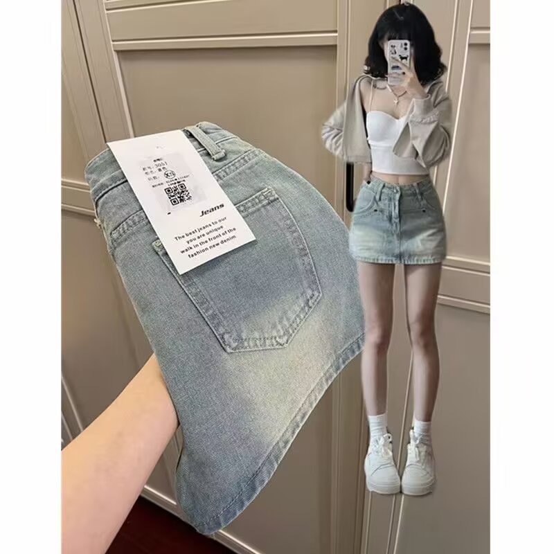 美式复古牛仔短裙半身裙裤女145矮小个子夏季高腰a字包臀超短裙xs