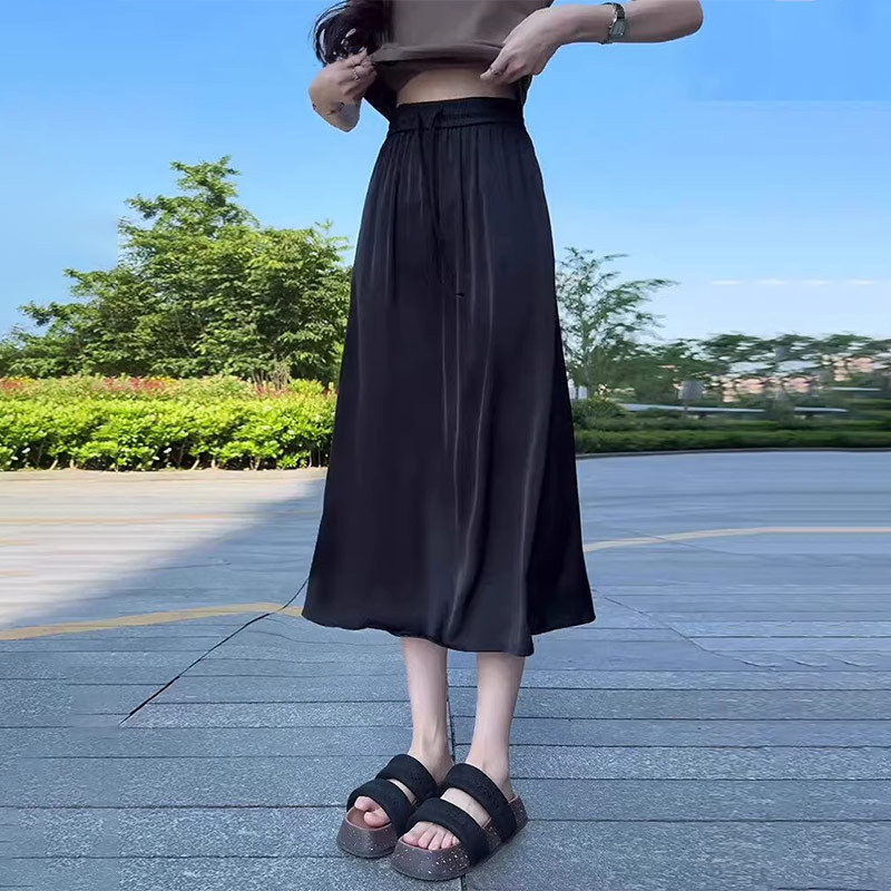 黑色半身裙女2026夏季新款时尚宽松薄款垂感开叉松紧腰中长款裙子