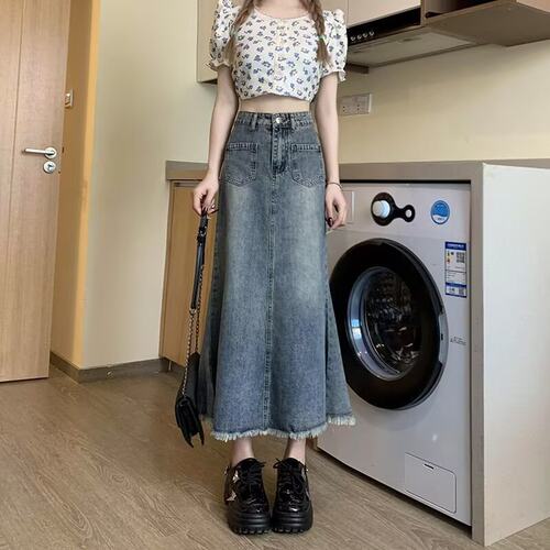 复古牛仔半身裙女2026春夏季新款高腰小个子显瘦毛边中长款鱼尾裙