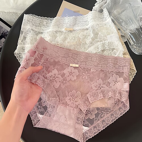 新款法式性感蕾丝内裤女无痕大码棉质裆中腰亲肤透气女士透明裤头