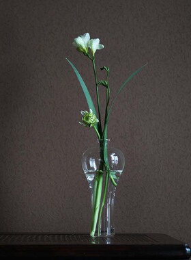 日式清雅玻璃花器 手工玻璃小花瓶 中式禅意小花插 茶室摆设
