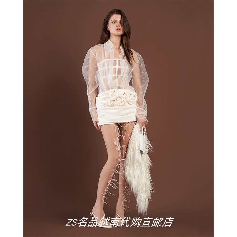 ZS名品越南设计师Datt 冬季新款纯欲风透纱上衣鱼骨抹胸半裙套装
