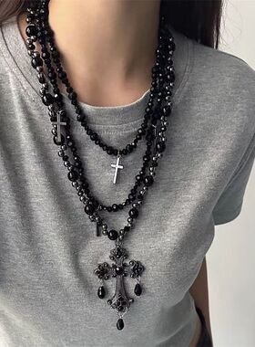 甜酷黑色十字架项链重工哥特朋克多层choker叠戴复古吊百搭锁骨链