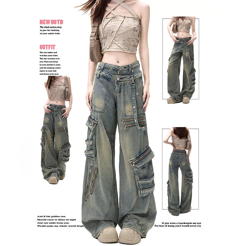 美式复古铆钉工装牛仔裤裤子女款爆款设计感宽松高腰直筒裤阔腿裤