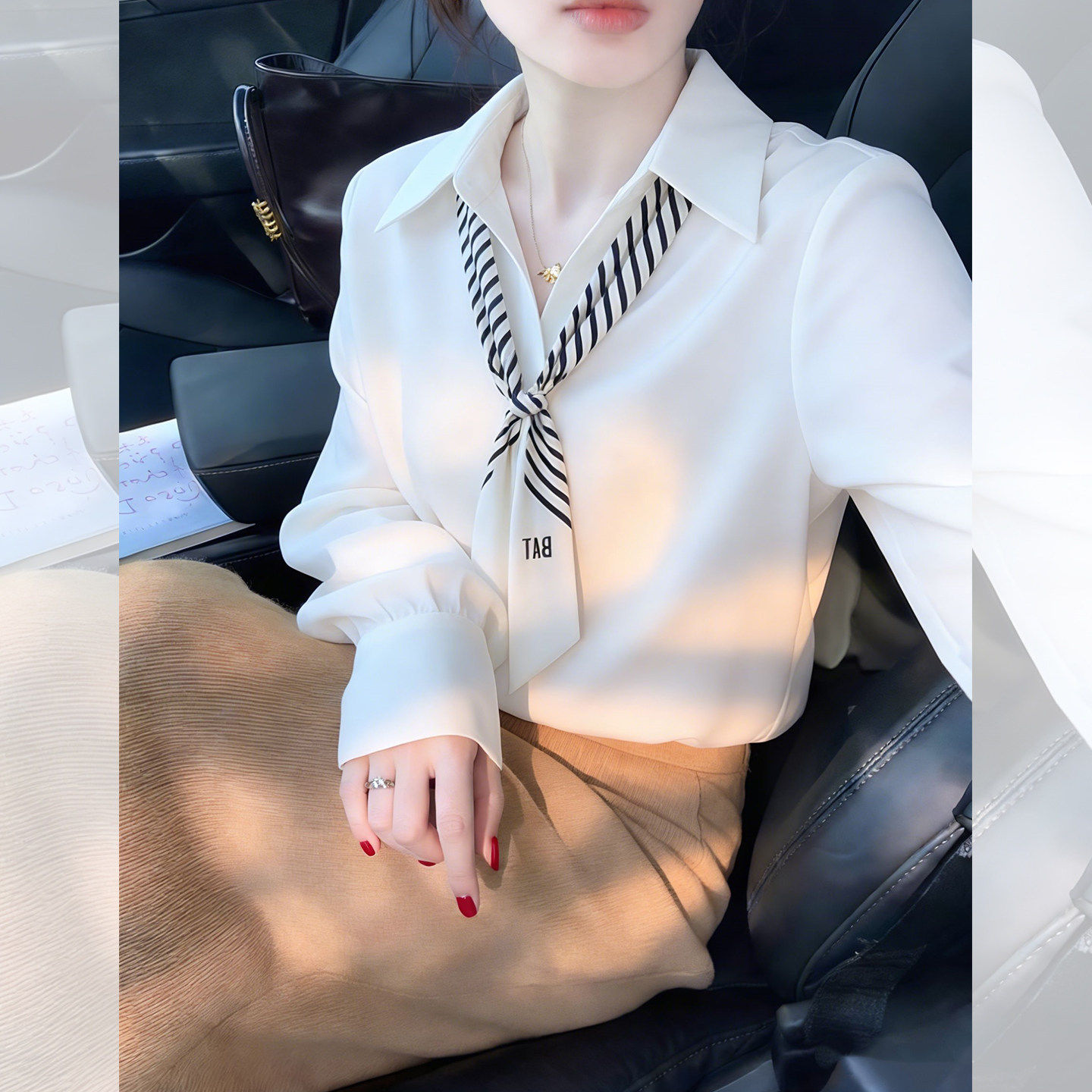 白色polo领配条纹丝巾长袖衬衫衬衣女2026春季轻奢感独特漂亮上衣