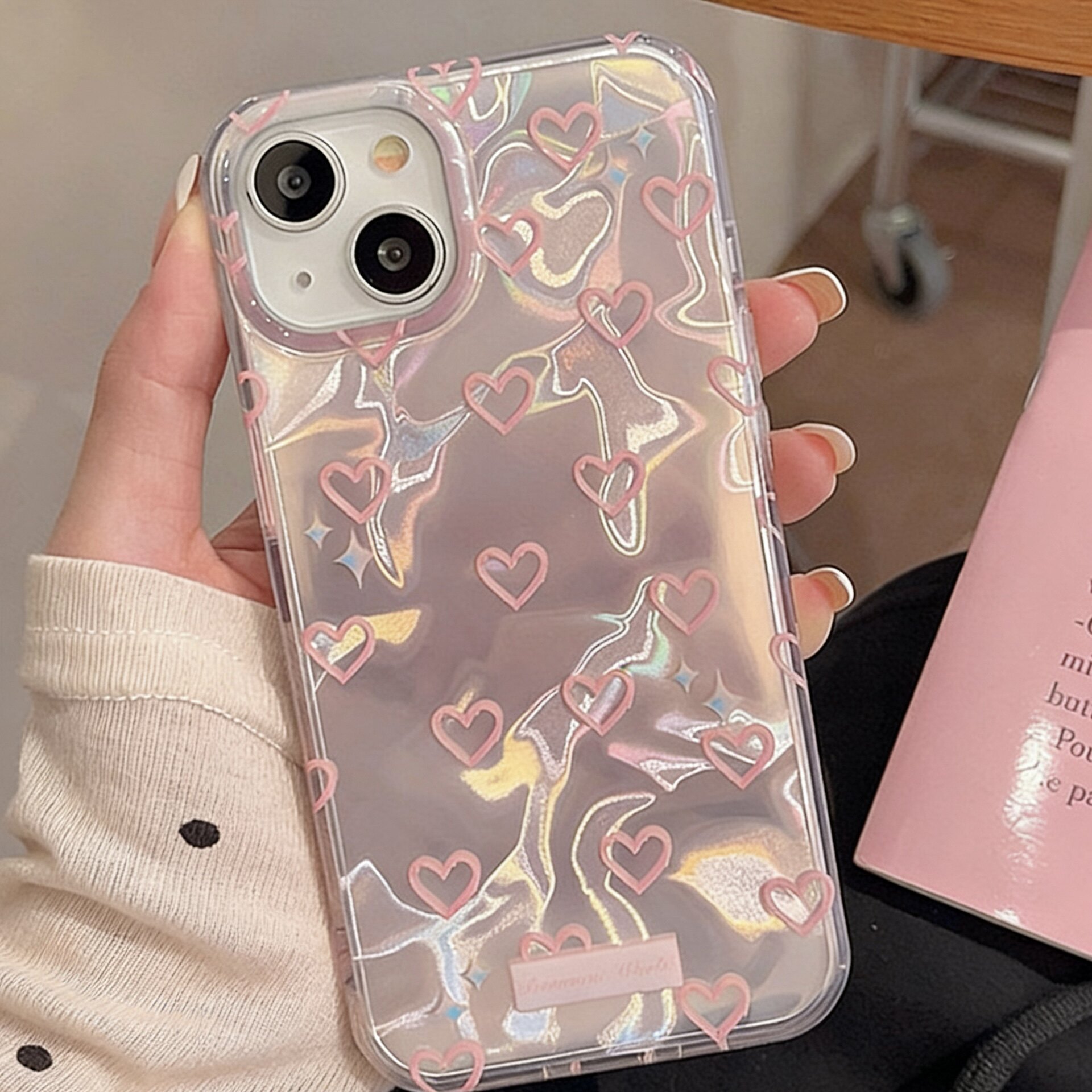 简约爱心新款手机壳适用17/16promax高级感全包防摔透明女款新年粉粉爱心FYD水波纹镭射褶皱