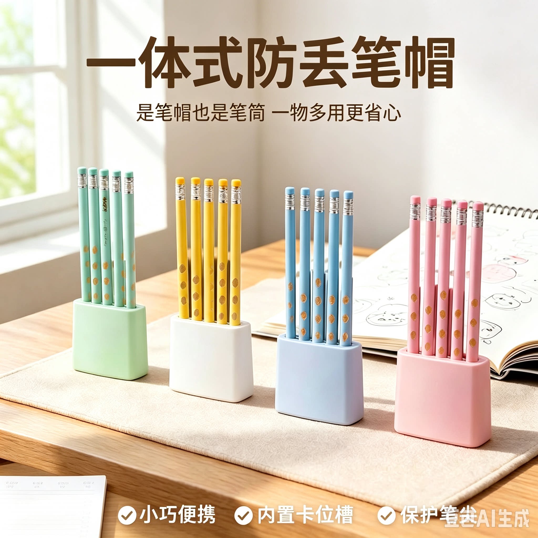一体式防丢笔帽笔筒二合一笔座学生粗杆细杆铅笔笔套收纳笔插JM