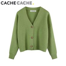 CacheCache绿色针织开衫女外套2024春秋短款小个子软糯慵懒风甜美