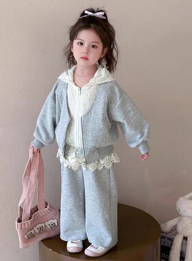 儿童蕾丝刺绣蕾丝套装女小童卫衣外套两件套女童韩版洋气春装ZP
