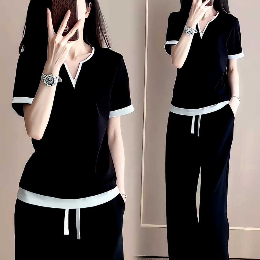 黑白撞色休闲运动服套装女2026夏季假两件V领短袖T恤阔腿裤两件套