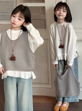 女大童小清新套装春装7休闲9时尚10岁12学生女孩马甲打底衫牛仔裤