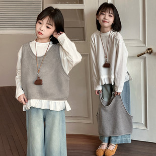 女大童小清新套装春装7休闲9时尚10岁12学生女孩马甲打底衫牛仔裤