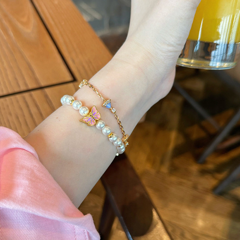 新中式复古烧蓝珐琅沙金蝴蝶珍珠手链女不掉色高级感手串手饰批发