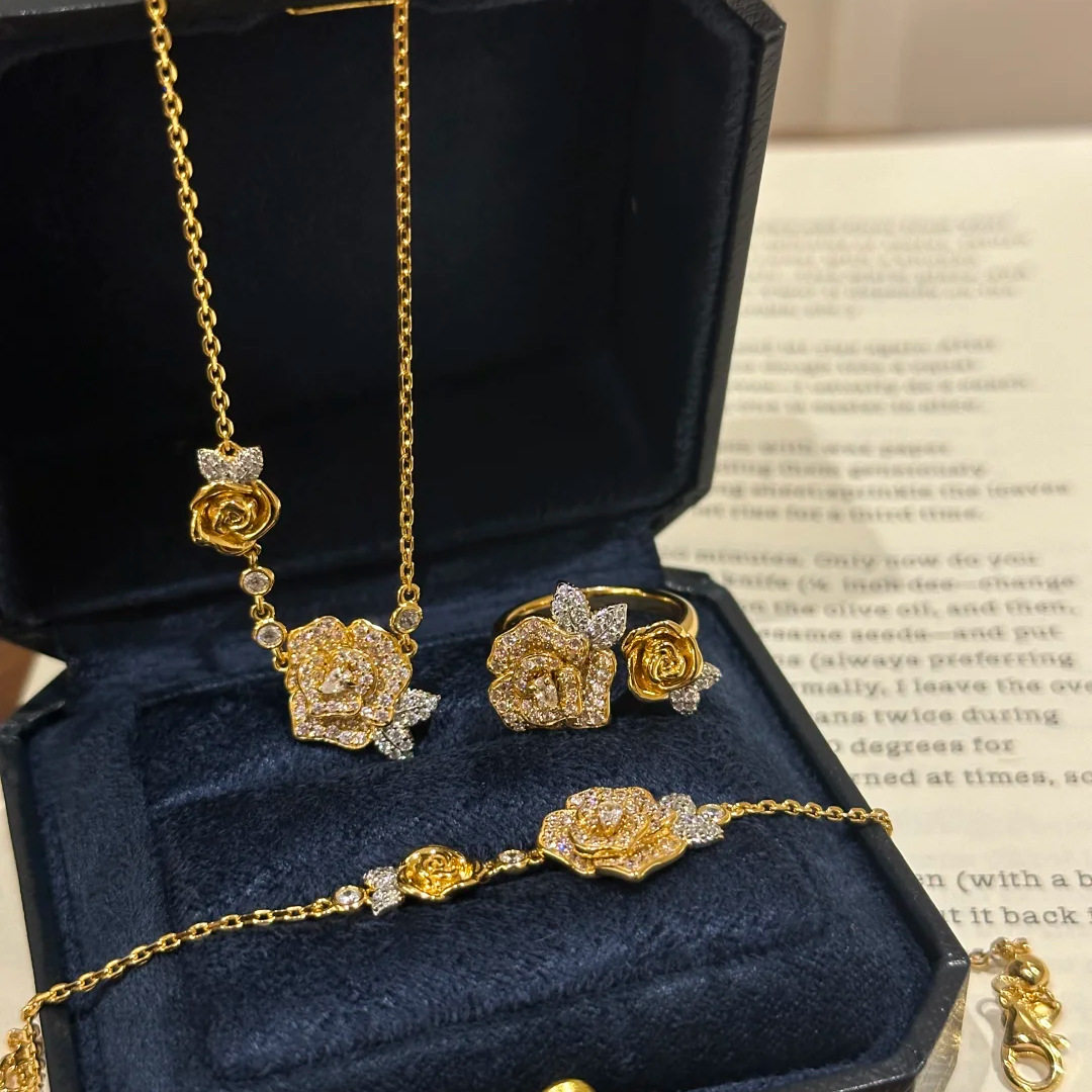 法式复古满钻双生玫瑰花项链女轻奢气质山茶花手链小香家老花戒指