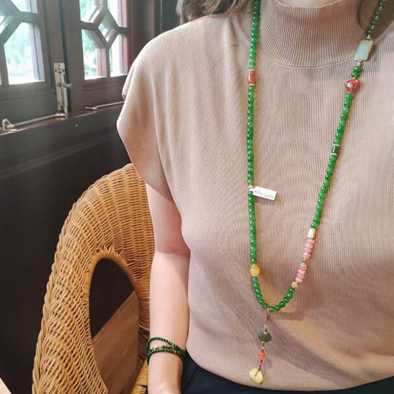 天然绿玛瑙玉髓长款项链配饰女夏季国风新中式轻奢小众高级感饰品