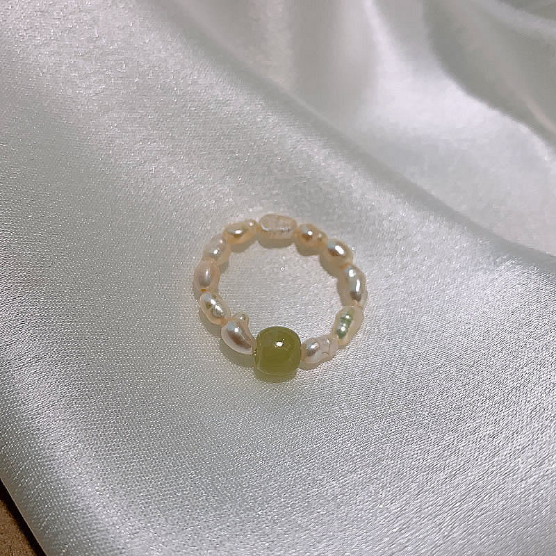 和田玉淡水珍珠戒指弹力可调节设计感珍珠尾戒时尚复古简约指环女
