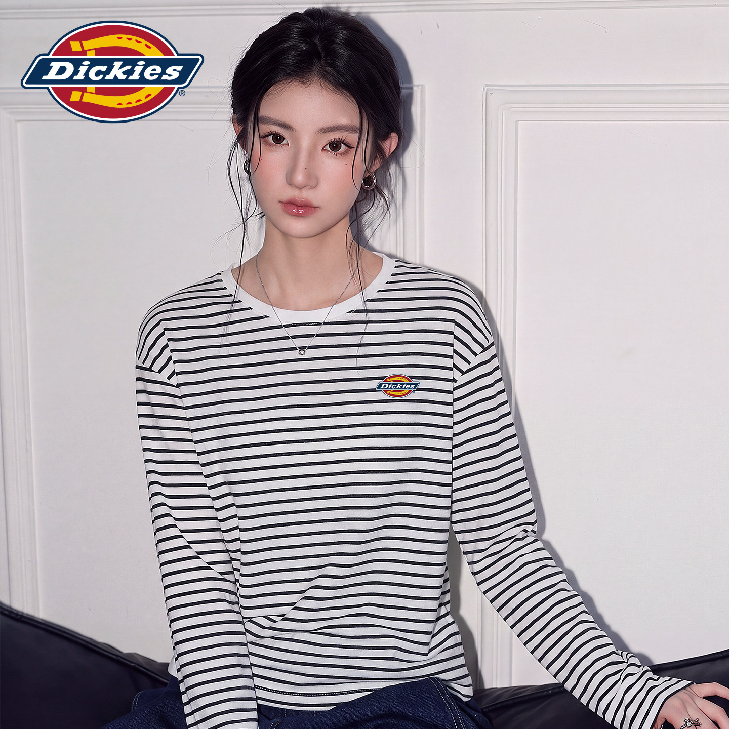 Dickies美式长袖罩衫女2026新款春秋季条纹雪花棉宽松圆领t恤女款