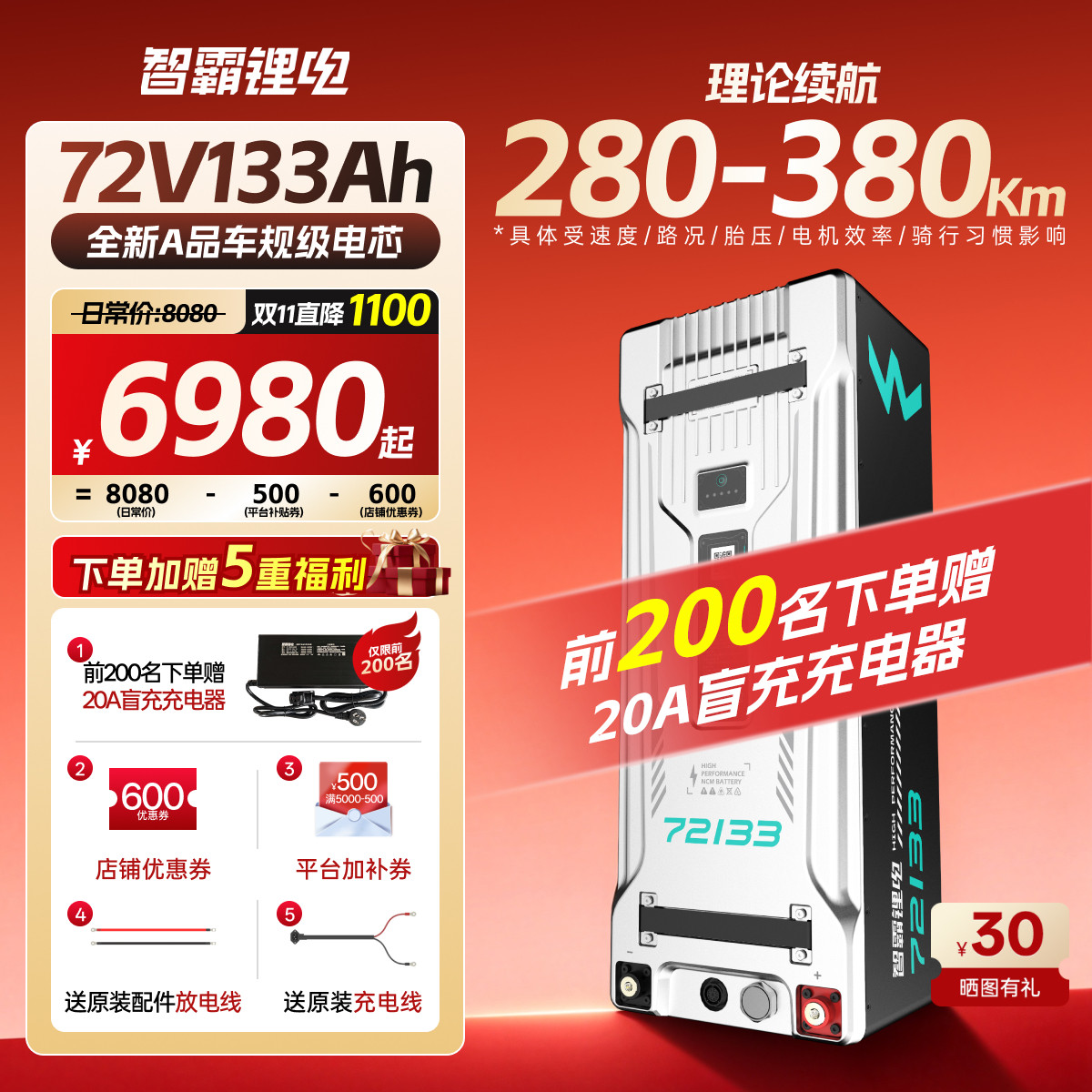 智霸72V133AH三元锂全新A品电芯