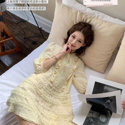 SourceWithU 济州软糖 莱赛尔重工2色蕾丝花边连衣裙韩系乖巧短裙