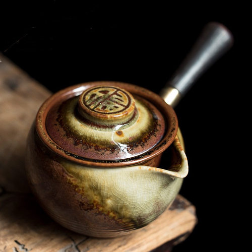 柴烧流釉侧把壶复古窑变陶瓷水墨风茶具实木侧把泡茶带过滤壶