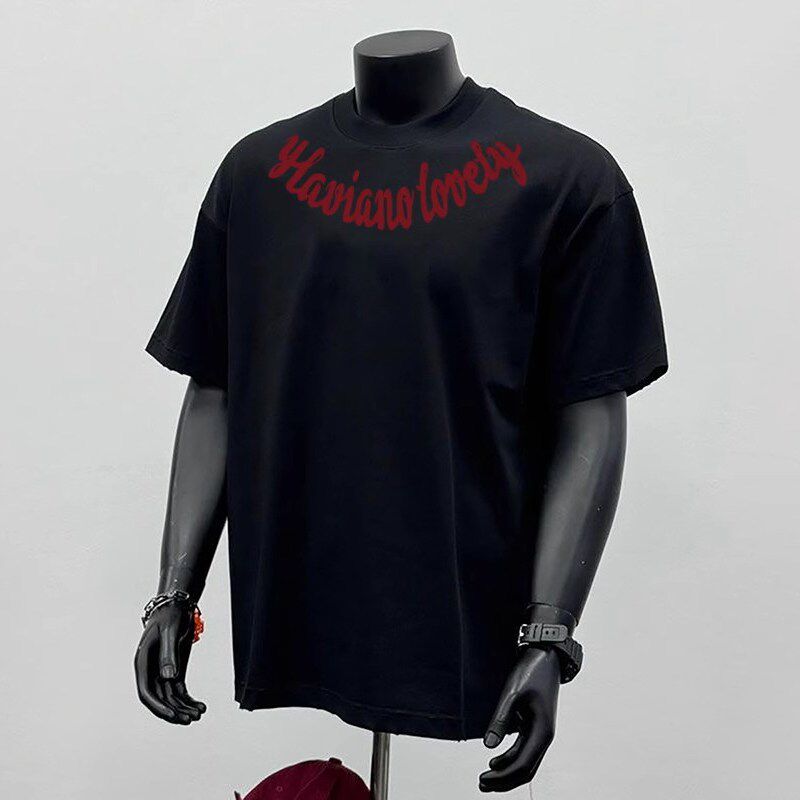 重磅纯棉潮牌美式简约T恤创意字母印花男款夏季圆领宽松短袖手帕