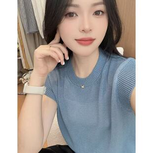 丽姐家~雾霾蓝气质时尚休闲百搭简约宽松圆领上衣