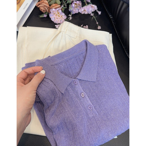 丽姐家~三公紫方领纽扣纯色气质百搭女士显瘦针织上衣洋气