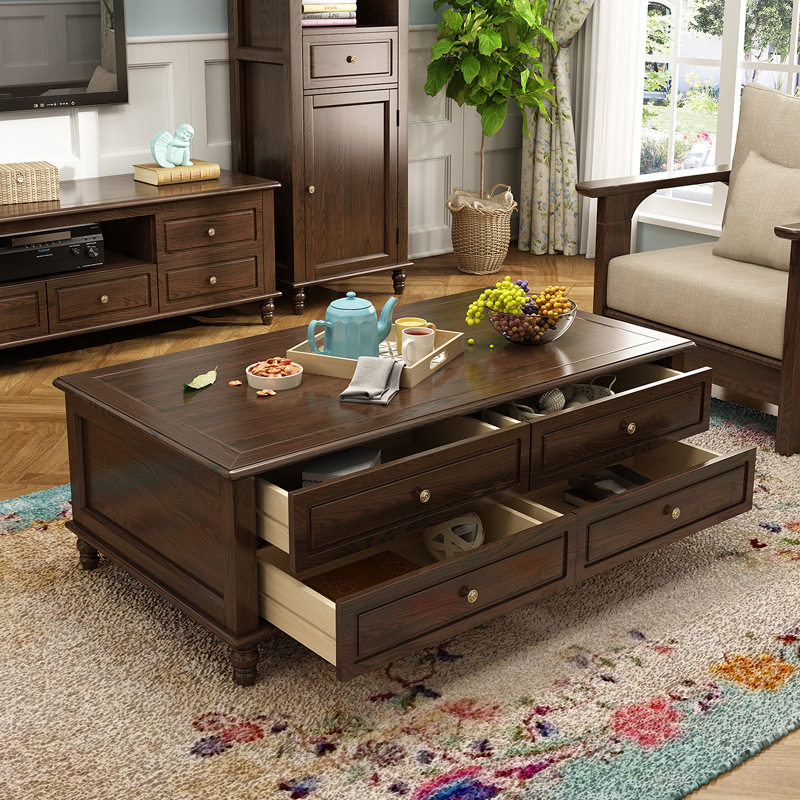 美式乡村实木茶几白蜡木简约欧式客厅多功能茶桌复古储物茶台茶几