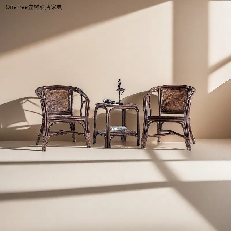 壹树阳台天然真藤椅子藤编靠背椅酒店滕椅客厅老人椅三件套藤条椅