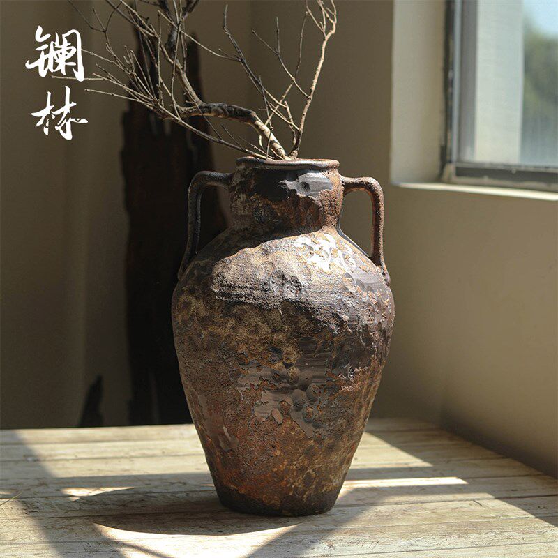 复古粗陶罐侘寂风陶瓷花瓶摆件做旧客厅民宿日式禅意插干花水培器