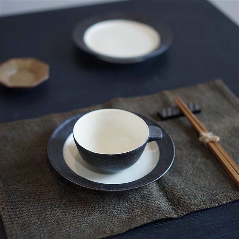 禾下白化妆撞色黑边粗陶盘 餐盘 手作食器