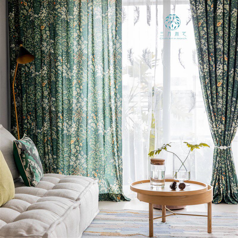 美式清新森系绿色植物窗帘日式田园风粗棉半遮光客厅卧室书房阳台
