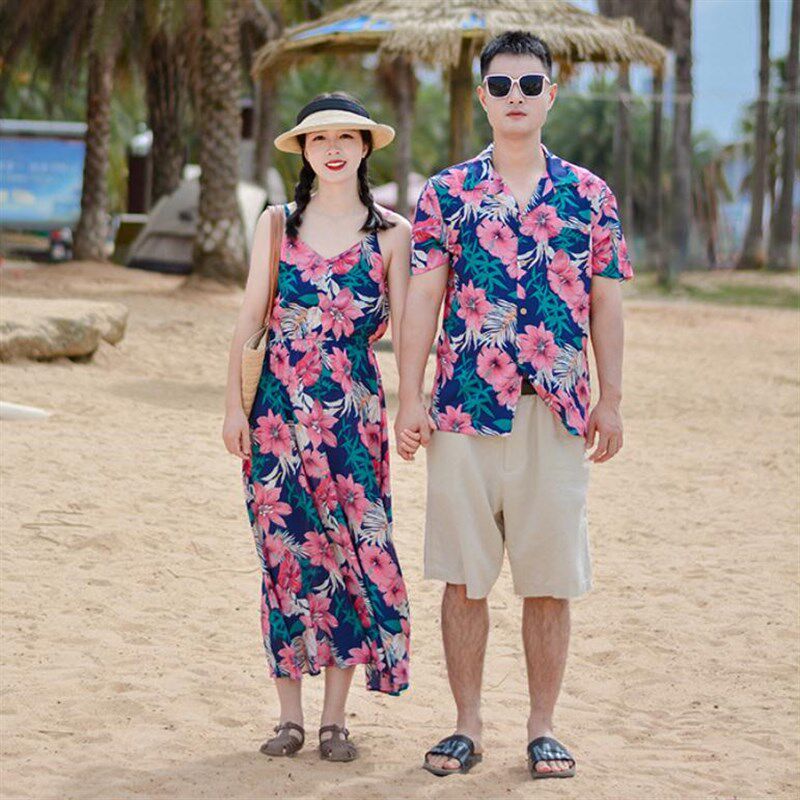 三亚旅行情侣装夏装男夏威夷花衬衫海边度假女沙滩连衣裙一衣一裙